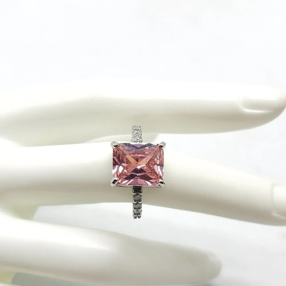 Pink Glass Cubic Zirconia Emerald Cut Cocktail Ring Silver Tone Size 6.75